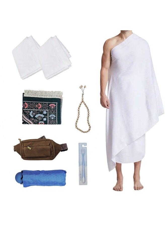 Home Smart Ihram 6pc Set for Adults| Hajj and Umrah Pilgrimage Light weight and Ultra-Soft Sheets,prayer mat, bead, toothbrush, crossbody shoulder bag and umbrella Ideal Gift for Hajj pilgrimage. - Image 1
